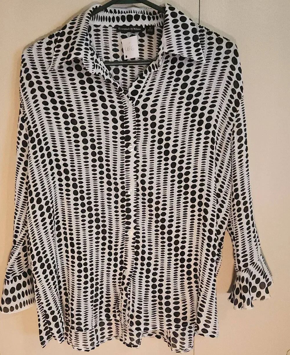 U16 Essentials by Milano white multi size black dots flowy w flouncy sleeves